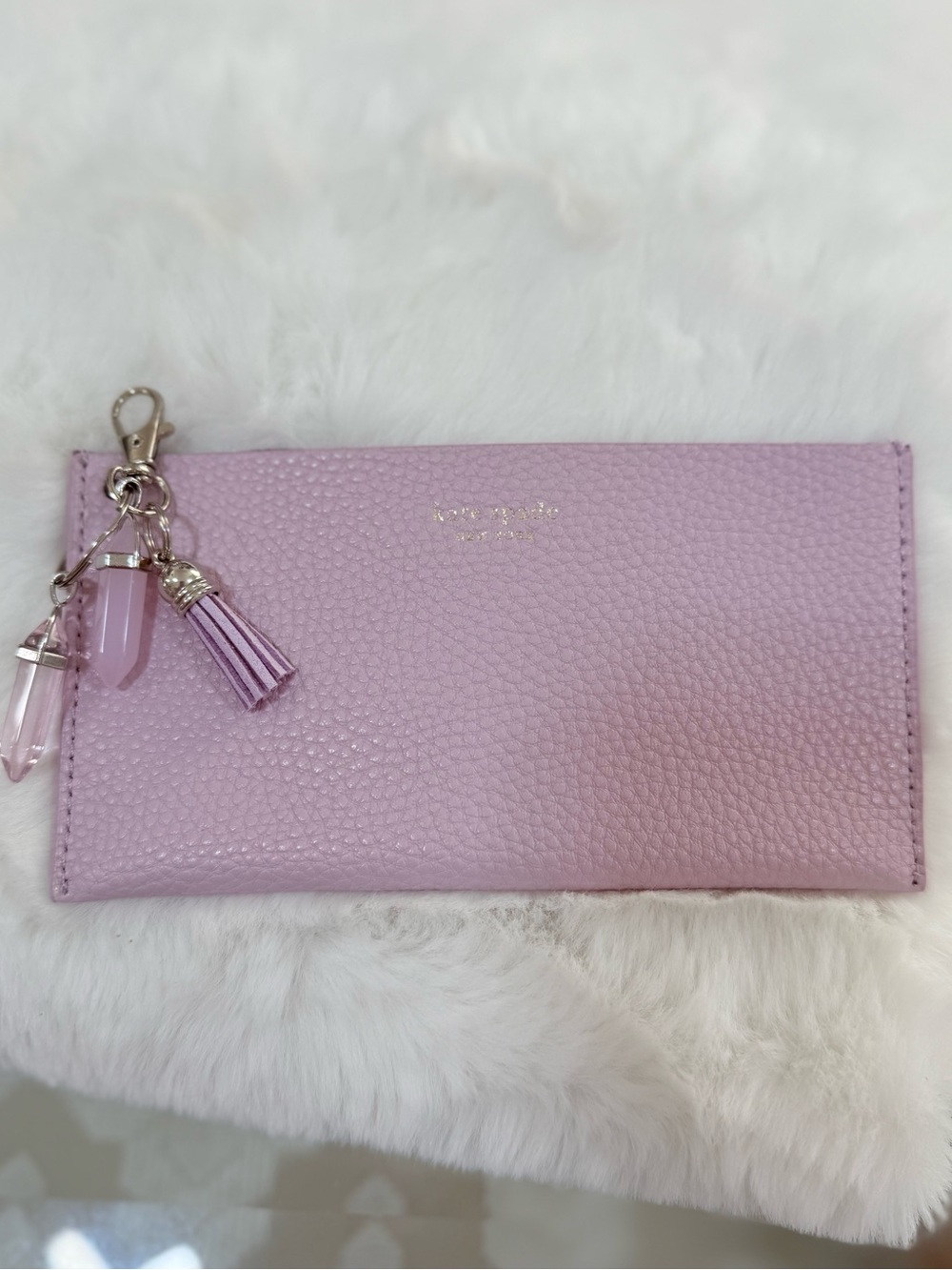 kate spade Lilac Pebbled Leather Zip Card Holder with Tassel Charm